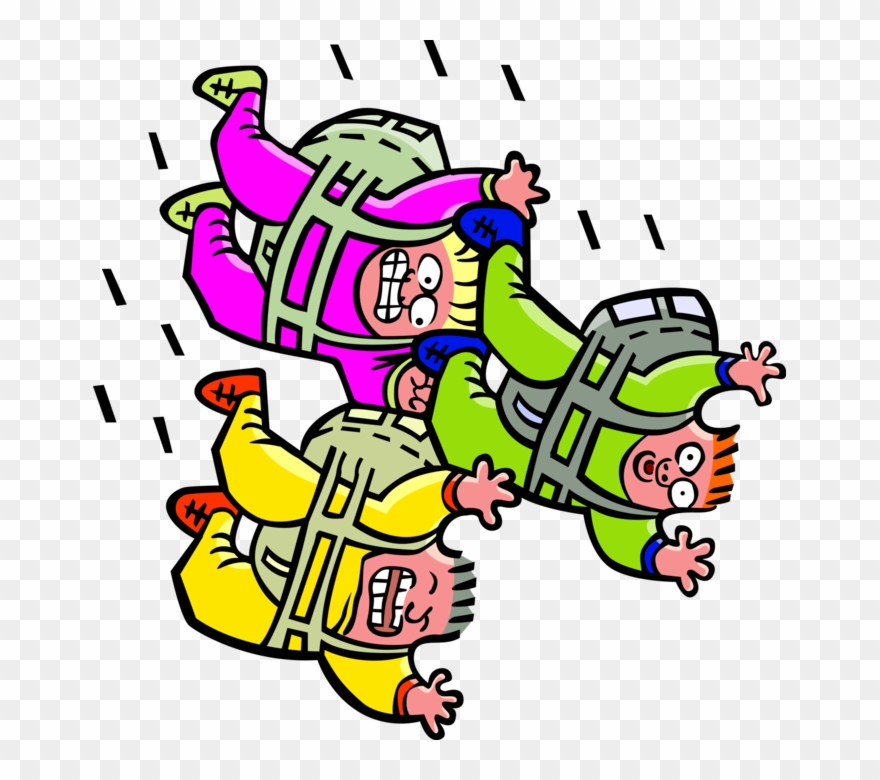 Vector Illustration Of Three Skydivers Falling To Earth - Illustration Clipart