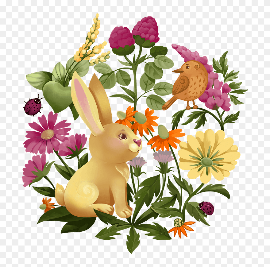 Bunny In Flowers Clipart - Illustration - Png Download