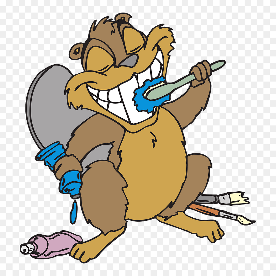 Beaver Playing With Paints Clipart - Brushing Teeth Funny Cartoon - Png Download