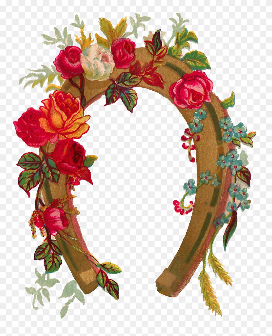 This Is A Lovely Horseshoe Graphic From A Vintage Greeting - Horseshoe And Flowers Drawing Clipart