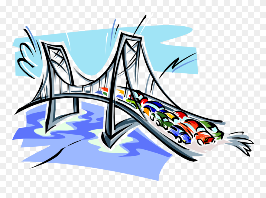 Vector Illustration Of Suspension Bridge In Rush Hour - Cars On A Bridge Clipart - Png Download