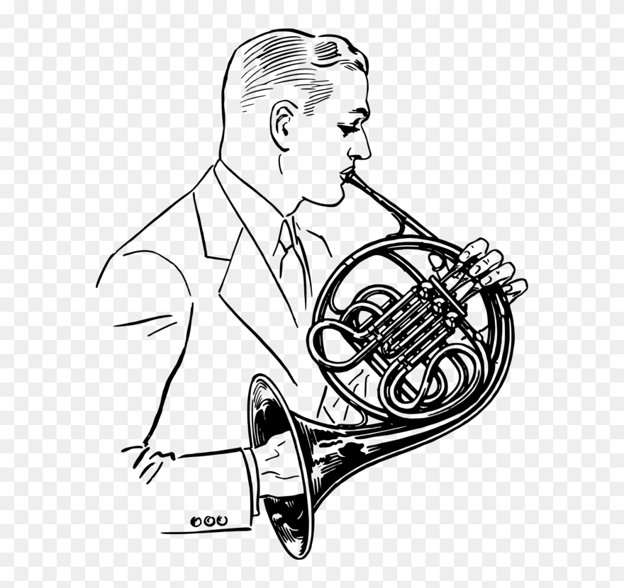 Line Art,bugle,musical Instrument - French Horn Player Clipart - Png Download