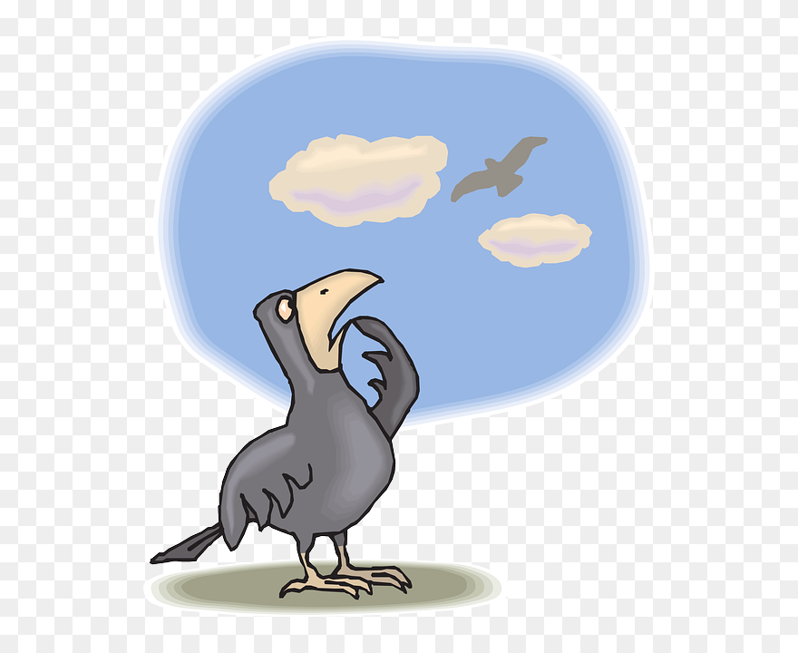 Clouds, Sky, Fly, Wings, Looking, Wonder, Fear, Afraid - Crow Cartoon Clipart