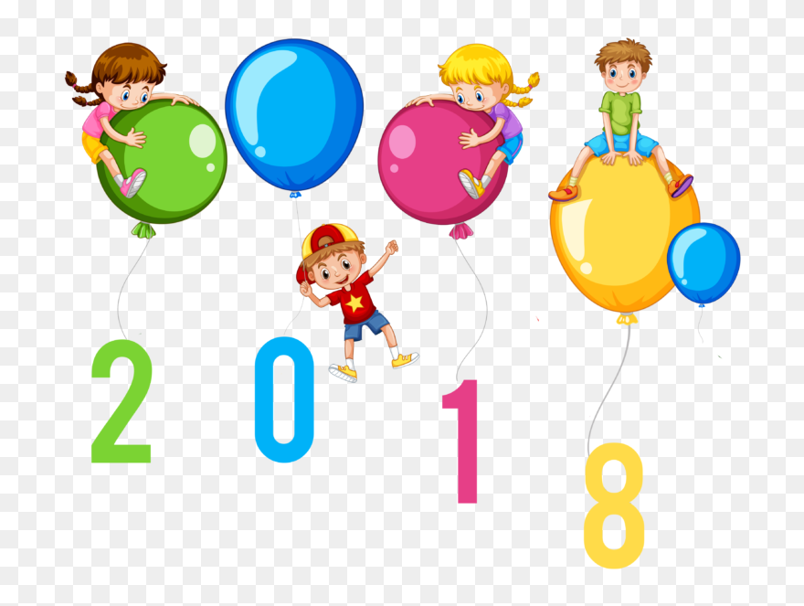 Happy New Year 2018 Kids With Balloons Clip Art Image - Children With Colorful Balloons - Png Download