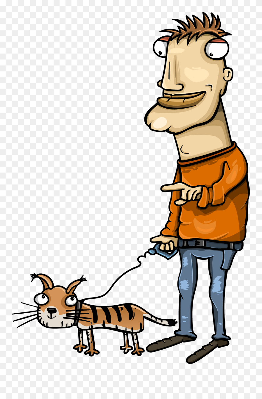 Man With Cat On A Walk Clipart - Cartoon Man With Tiger - Png Download