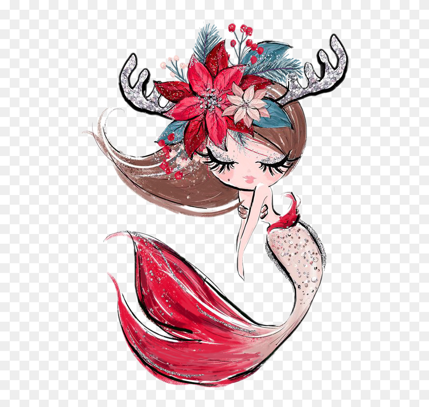 #watercolor #christmas #mermaid #flowers #floral #poinsettia - Illustration Clipart