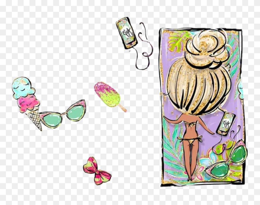 #watercolor #poolparty #beachtowel #phone #earphones - Illustration Clipart