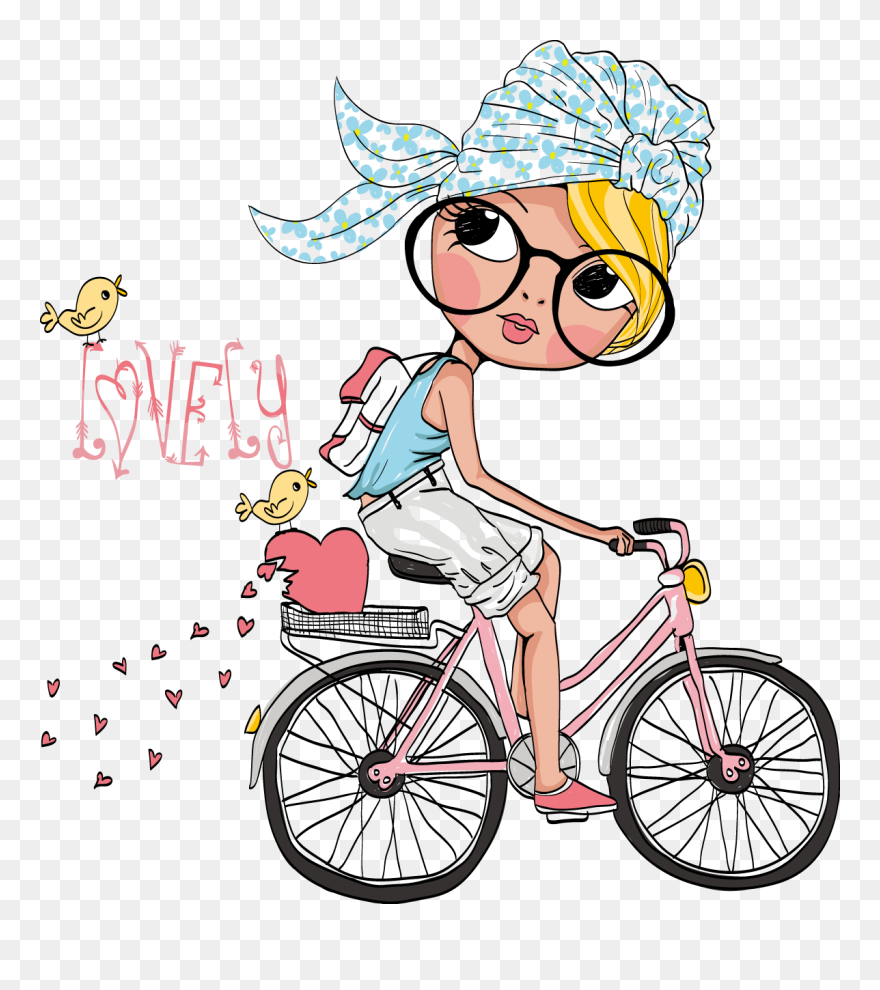 Transparent Clip Art Girl - Cartoon Girl On Bike Drawing - Png Download