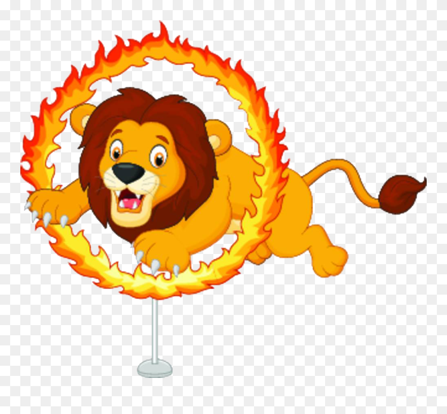 Lion Cartoon Circus Illustration - Circus Lion Jumping Through Hoop Clipart