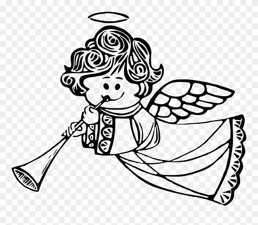Free Clipart Of A Cute Angel Playing A Horn - Black And White Clip Art Angel - Png Download