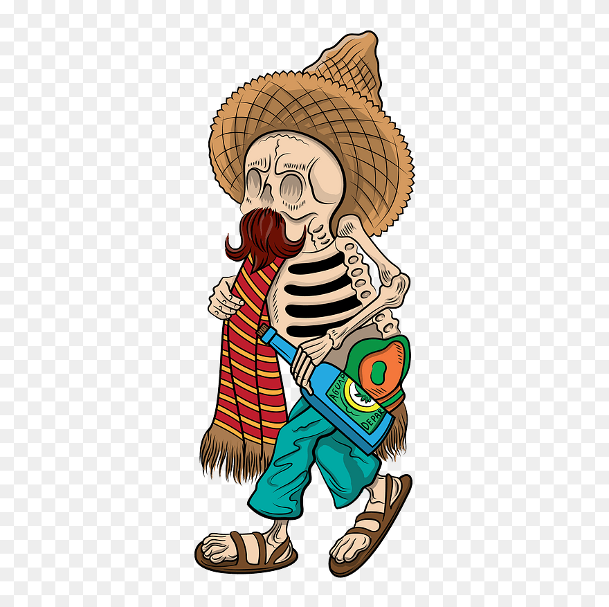 Esqueleto Con Poncho Y Sombrero Del Día De Los Muertos - Cartoon Clipart