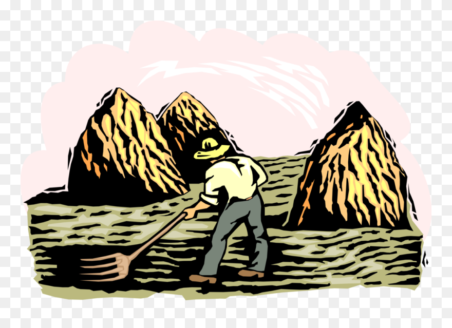 Vector Illustration Of Farmer With Pitchfork In Fields - Illustration Clipart