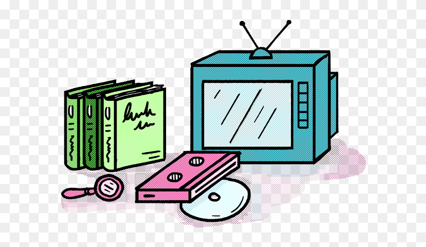 A Drawn Image Of A Tv, Three Books, Vhs Tape, Cd, And Clipart