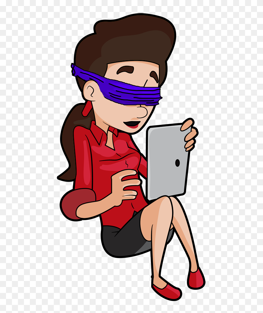 A Woman Wearing A Blindfold Is Trying To Use An Ipad - Cartoon Clipart