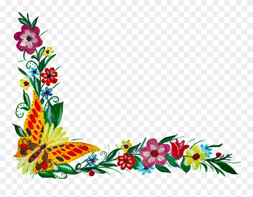 5 Flower Butterfly Corner - Corner Flower Border Png Clipart