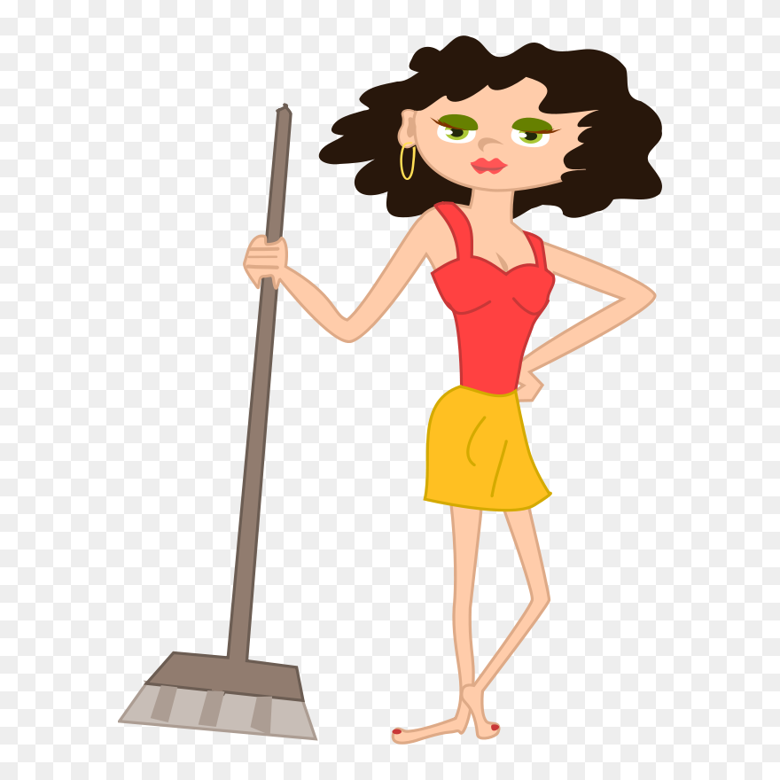 Young Housekeeper Girl With Broomstick - Ibu Rumah Tangga Vector Png Clipart