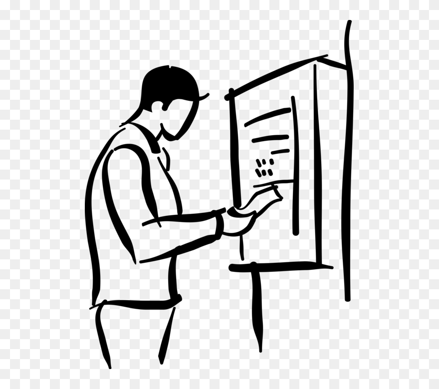 Vector Illustration Of Worker With Time Clock, Clock - Vector Graphics Clipart