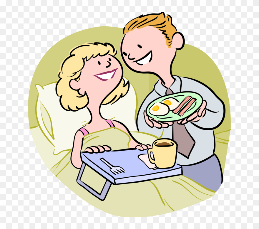 Vector Illustration Of Husband Serves Wife Bacon And - Husband Serving Wife Breakfast In Bed Clipart