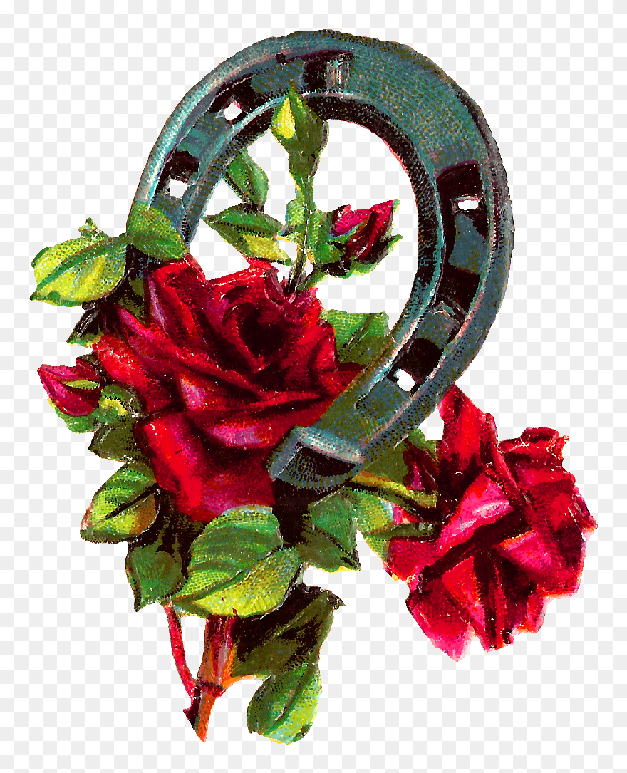 Good Luck Clipart Red Roses Horseshoe Digital Download - Horseshoe With Rose Clipart - Png Download