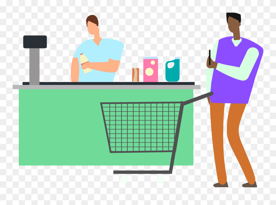 Man Looking At Budget App On Phone At Grocery Store - Illustration Clipart