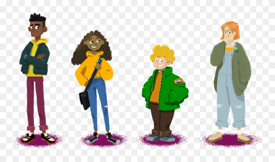 An Illustration Of Two Young Girls And Boys Standing - Cartoon Clipart