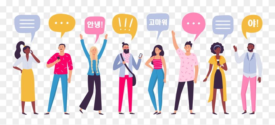 Eight People Communicating With Korean Words - Korea Grammar Clipart