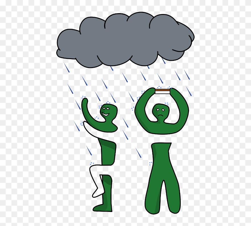 Two Children In The Rain, One Is Playing, One Is Sad - Cartoon Clipart