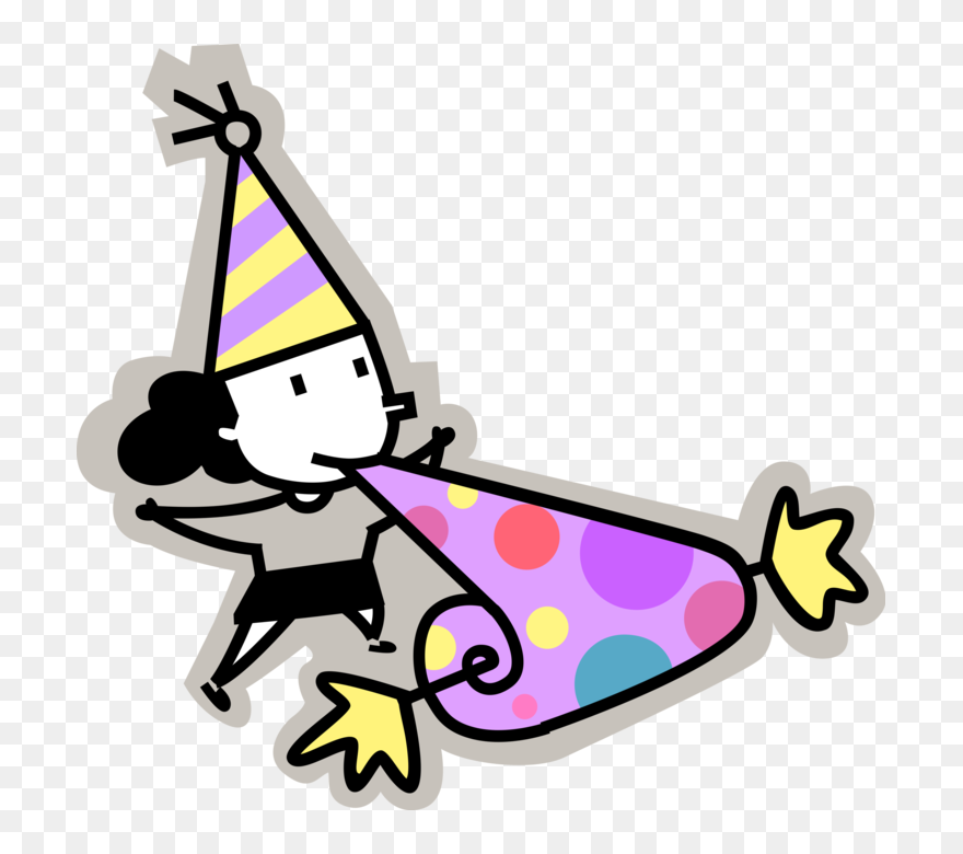 Vector Illustration Of Birthday Girl In Party Hat Blows - Cartoon Blowing Noisemaker Clipart
