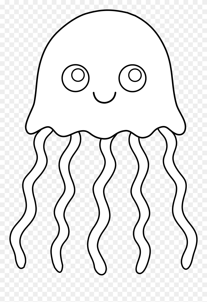 Cute Colorable Jellyfish - Cartoon Coloring Jellyfish Clipart