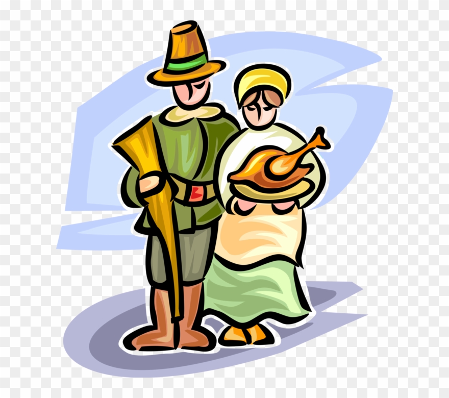 Vector Illustration Of Mayflower Pilgrim Pioneers Celebrate - Illustration Clipart