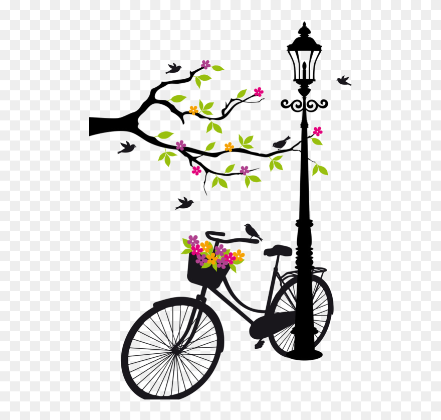 Dog On A Bike Clipart Png Black And White Download - Cycle With Flowers Drawing Transparent Png