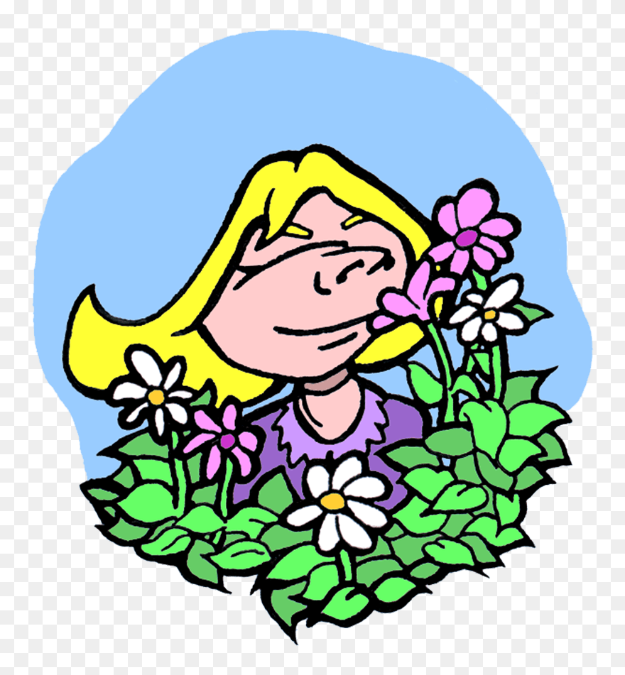 Drawing Of Blond Girl Smelling Pink And White Flowers Clipart