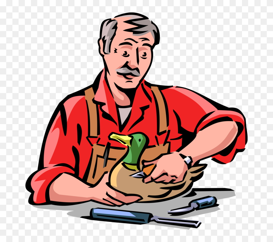 Vector Illustration Of Retired Elderly Senior Citizen - Wood Carver Cartoon Clipart