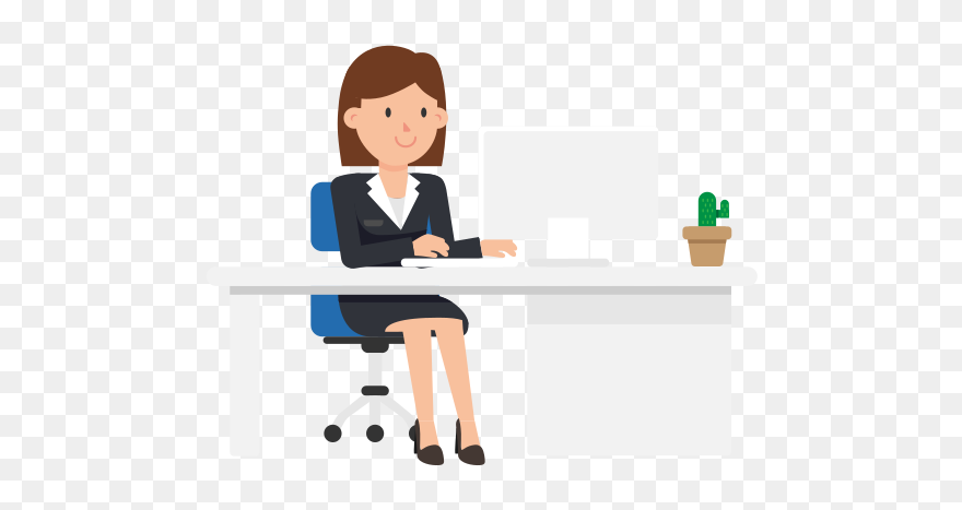 Corporate Woman Working At Her Desk - Working Woman Illustration Png Clipart