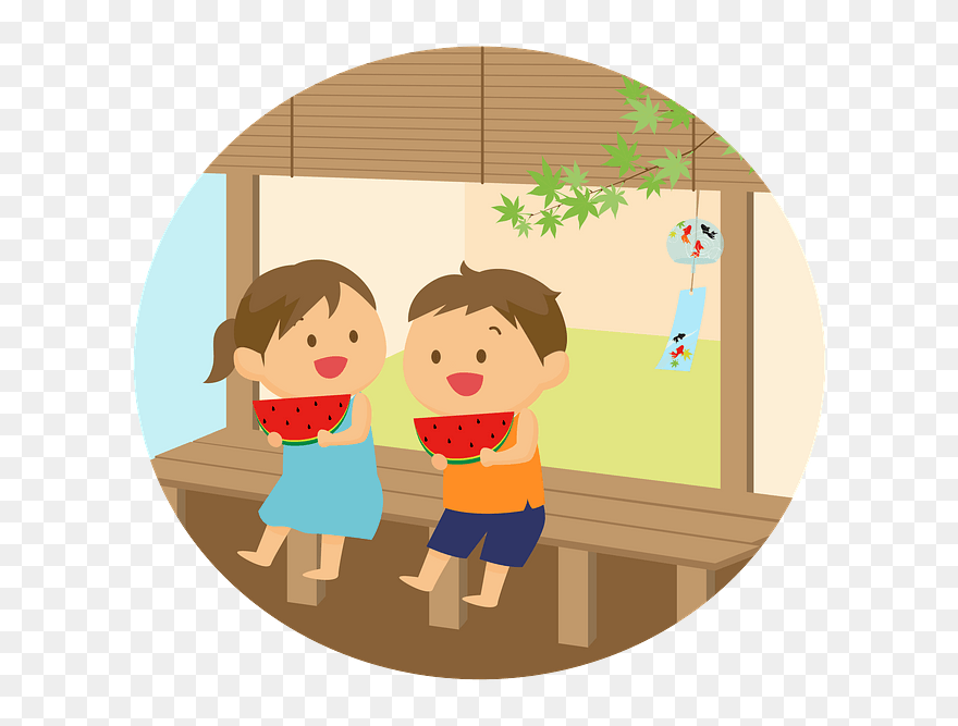 Children Eating Watermelon Summer Clipart - スイカ 食べる イラスト - Png Download