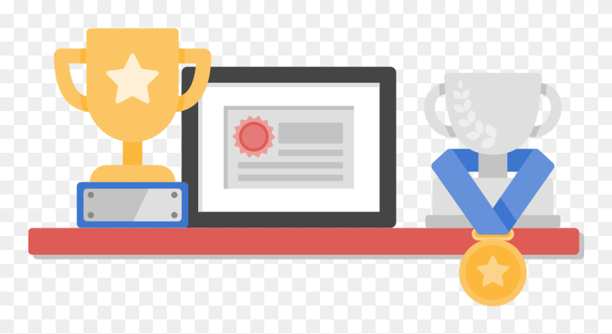 Certificate And Trophies On A Shelf - Graphic Design Clipart