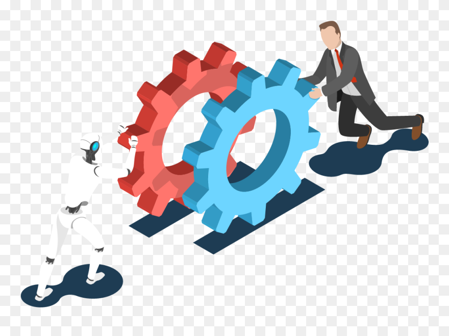 Man And Robot Pushing Gears Together - Digital Transformation Vector Png Clipart