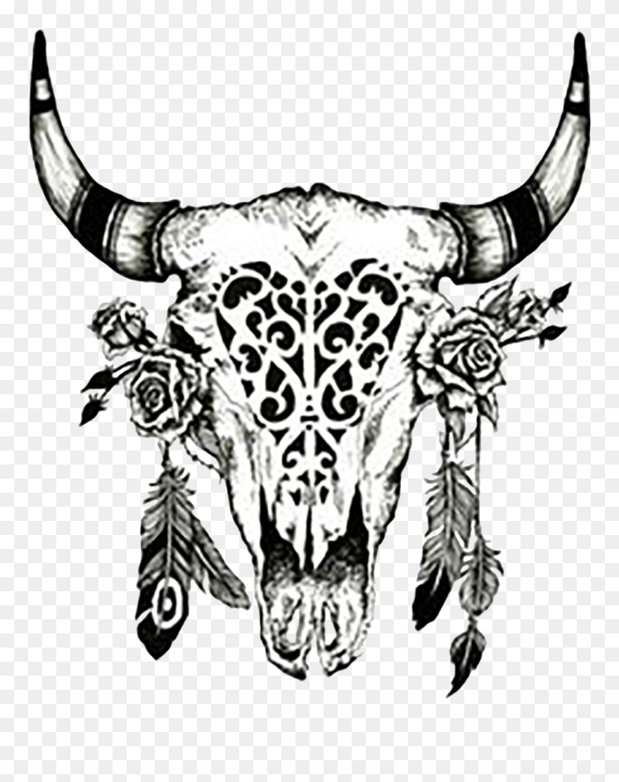 Cattle Drawing Cow"s Skull - Feminine Bull Skull Tattoo Design Clipart