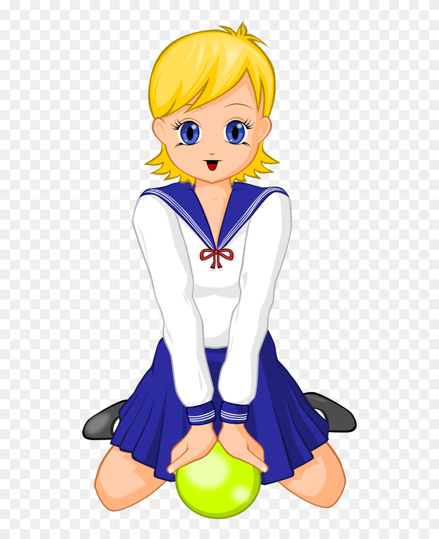 Anime Schoolgirl With Green Ball - Kawaii Anime School Girl Drawing Sitting Clipart