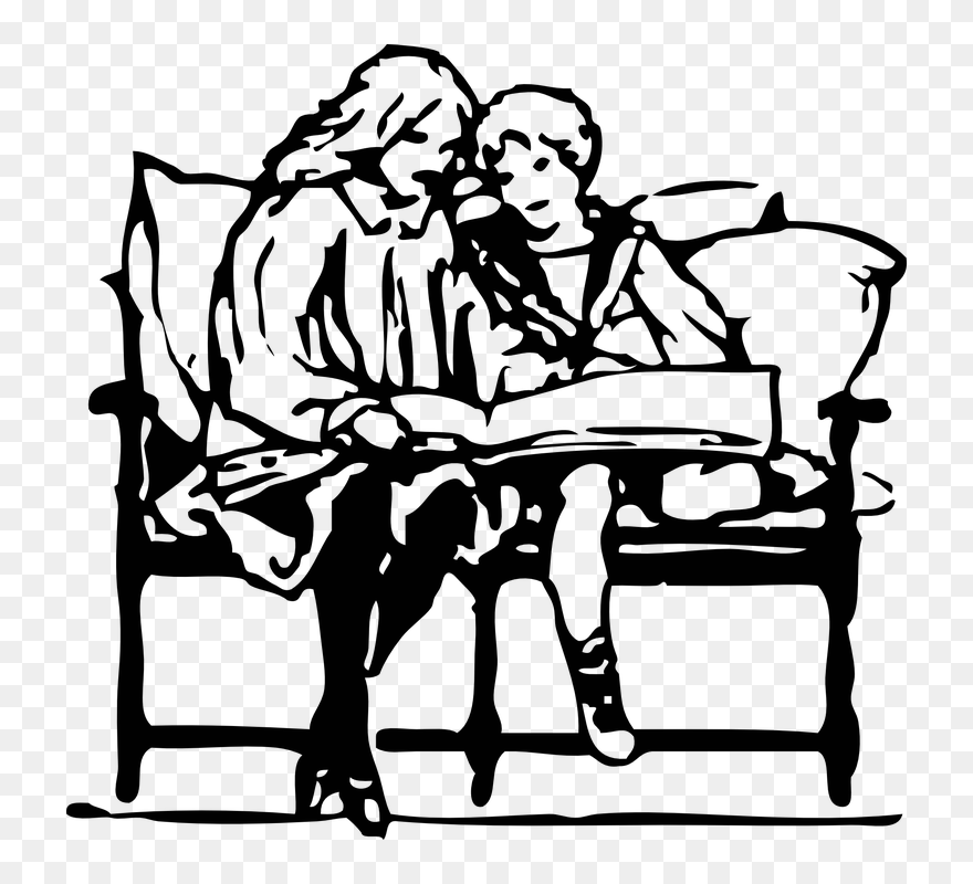 Black And White Mom Child Two Child Black- - Parents Reading With Their Kids Clipart - Png Download