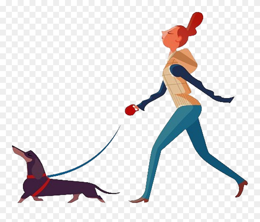 Dog Walking Woman - Girl Walking Dog Illustration Clipart
