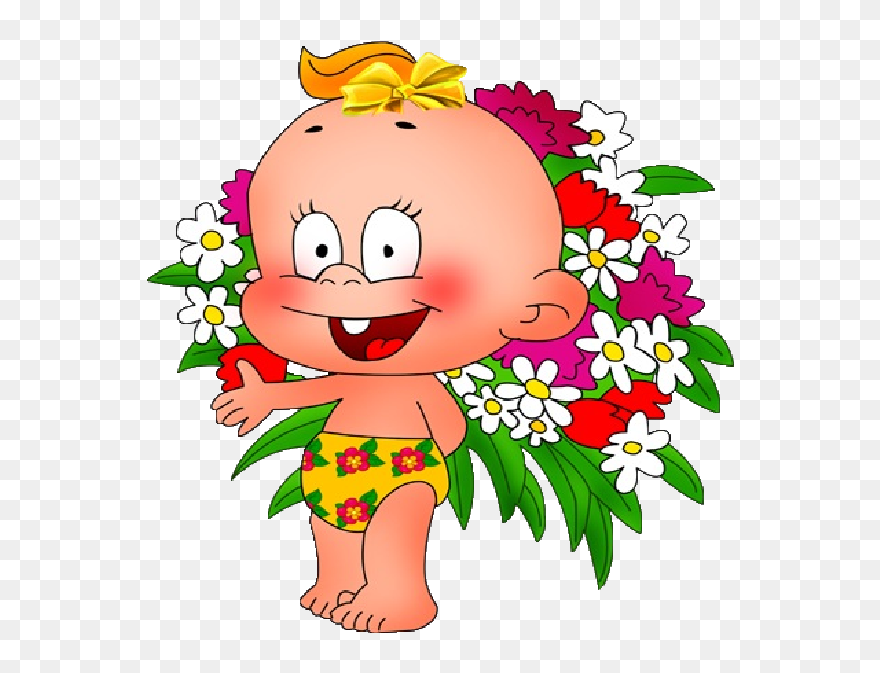 Funny Flower Clipart Image Library Download Cute Baby - Baby With Flowers Cartoon - Png Download