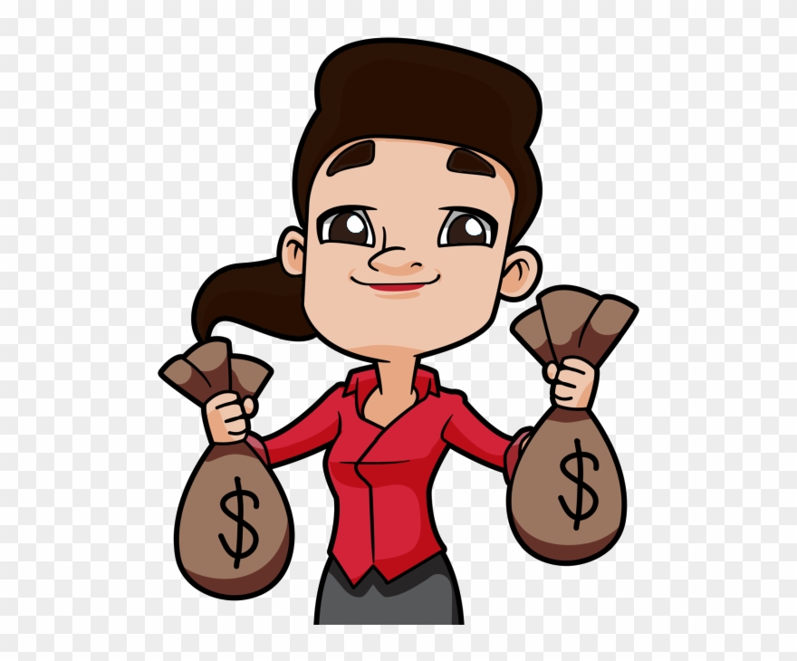 Dark Haired Woman Holding Up Two Bags Full Of Money - Cartoon Clipart
