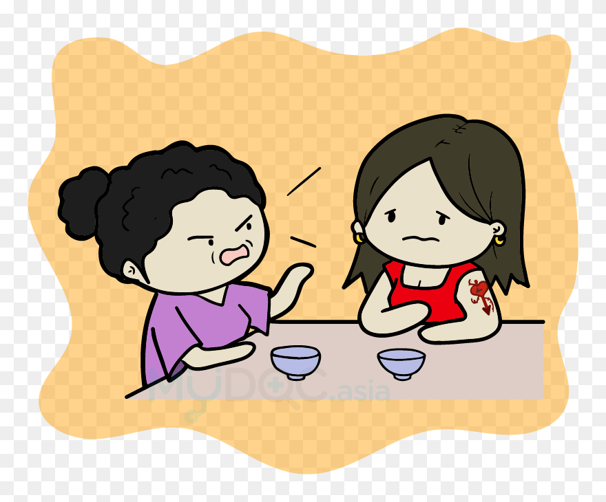 Mom Nagging At Her Daughter Who Just Got A New Tattoo - Cartoon Clipart