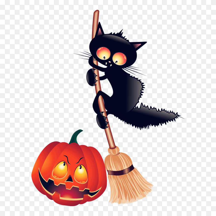 Vintage Black Cat Halloween Clipart Image Transparent - Halloween Witch On A Broom - Png Download