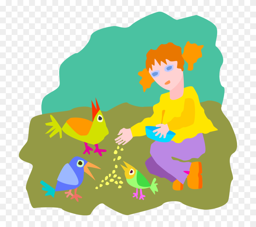 Vector Illustration Of Young Girl Feeding Birds - Girl Feeding Bird Vector Clipart