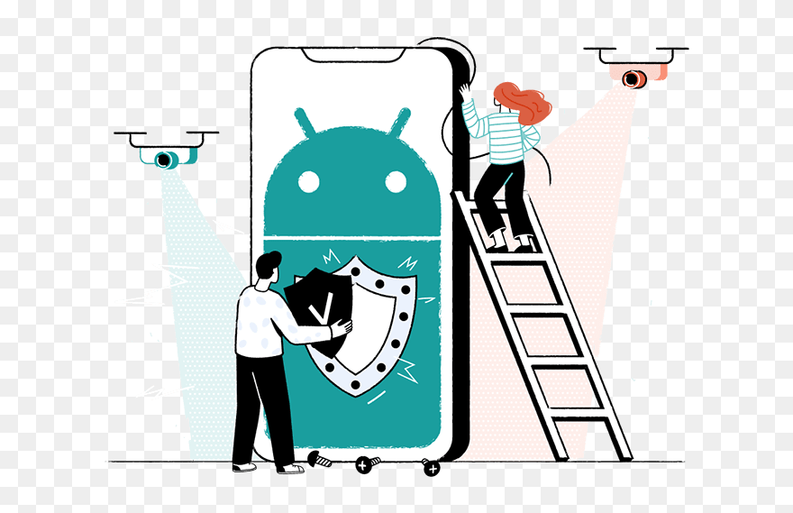 Android Logo On A Phone With Two Characters Installing - Cartoon Clipart