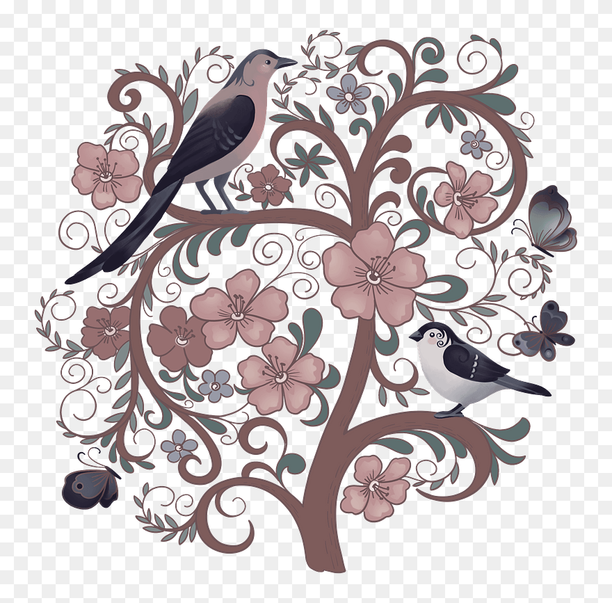 Birds On A Flowering Tree Clipart - Wallpaper - Png Download