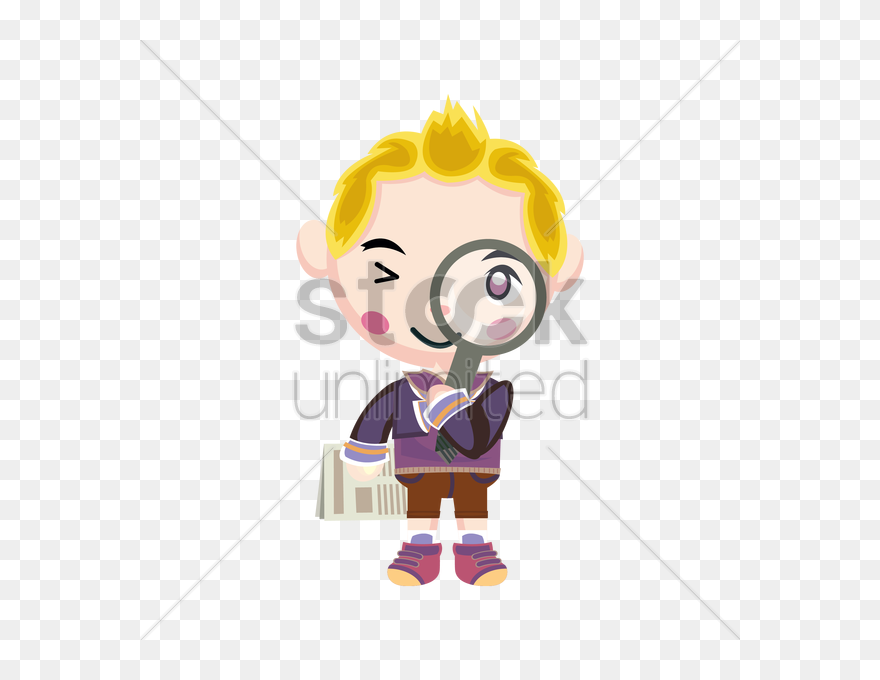 Cute Boy With Newspaper And Magnifying Glass Vector - Vector Graphics Clipart