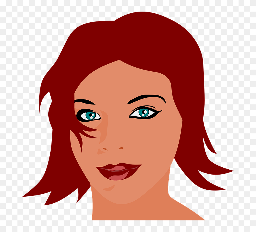 Woman, Red Hari, Face, Smile, Blue Eyes, Lipstick - Lady Blue Eyes Face Cartoon Clipart